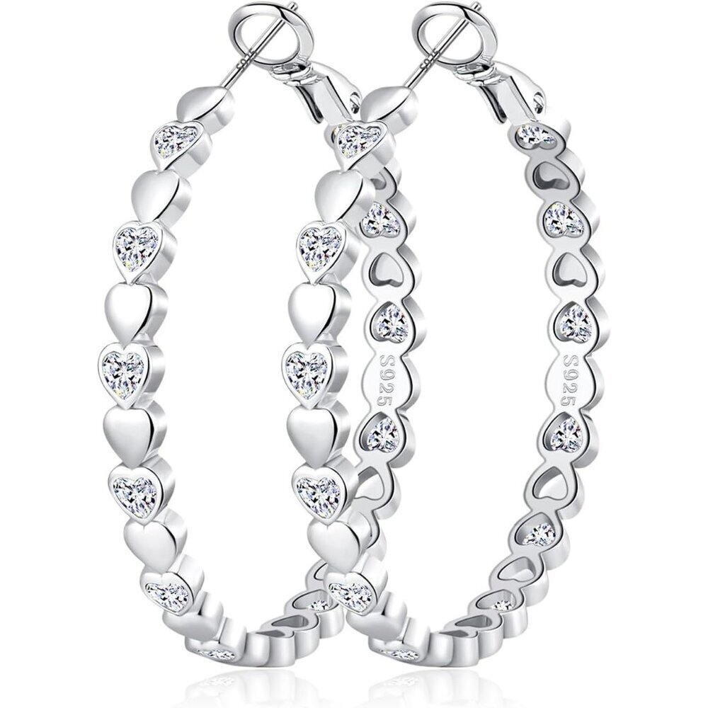 925 Silver-30mm Heart Cubic Zirconia Large Rhinestone Hoop Earrings for Womens